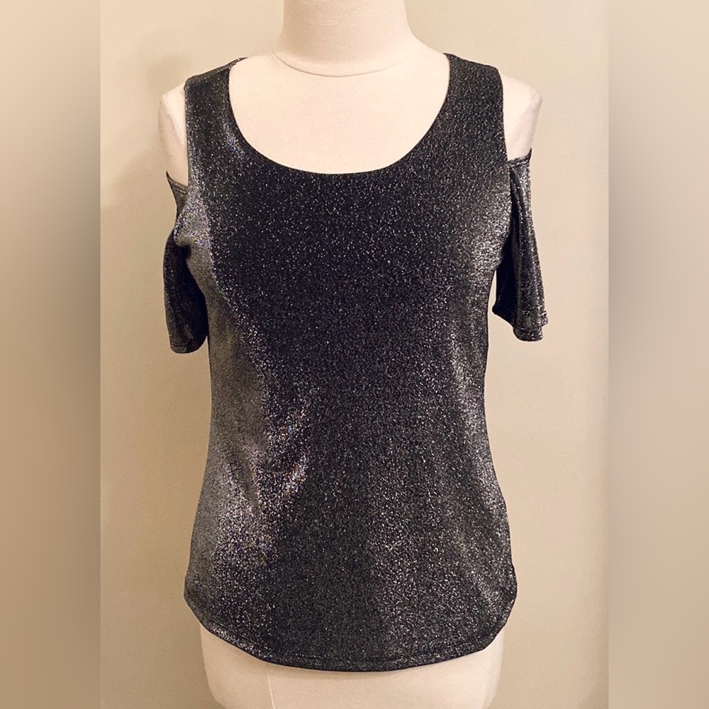 Nine West Black Silver Metallic Evening Shimmer SZ S Disco Shiny Sparkly Top